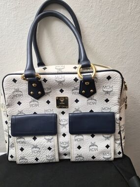 MCM Visetos Logo Satchel in White & Navy